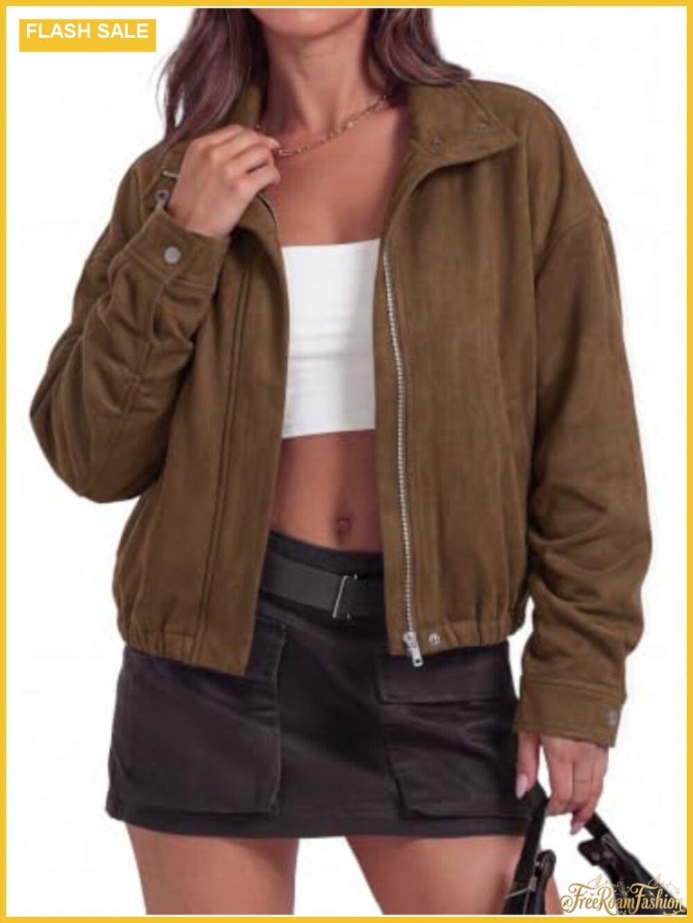 Faux Suede Bomber Jacket Women Lightweight Zip Up Coat Outerwear